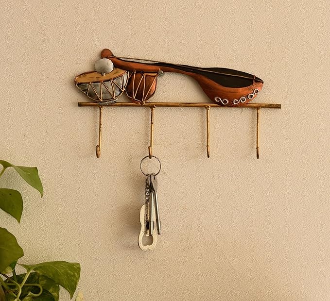 Ecraftindia Musical Instruments Wrought Iron Key Holder | Red and Brown