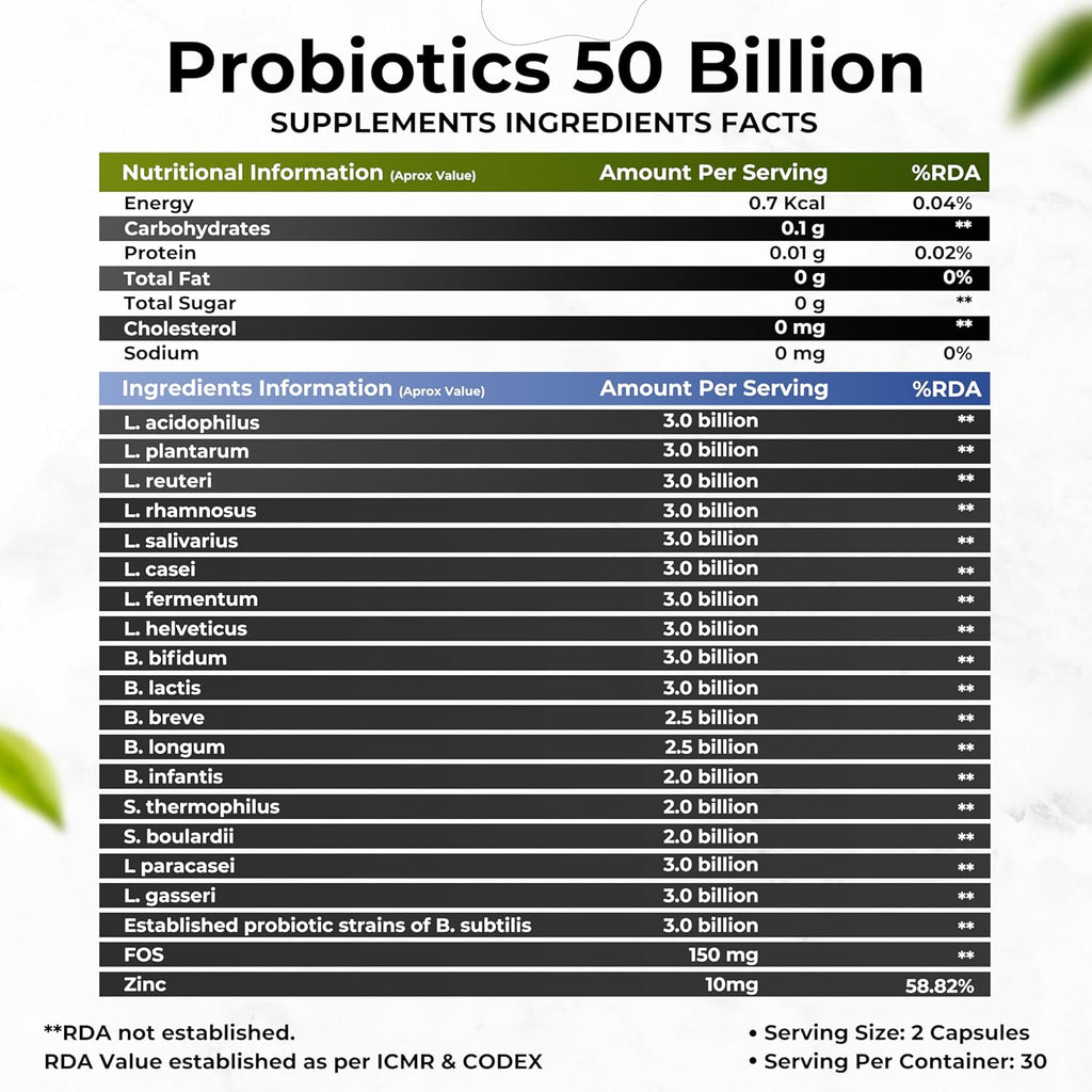 HEALTH VEDA ORGANICS PRIVATE LIMITED Probiotics 50 Billion Cfu Multi-Strains With Prebiotic | Good Digestive, Gut Health, Diarrhea, Gas & Bloating Support | Men And Women - 60 Vegetarian Capsules