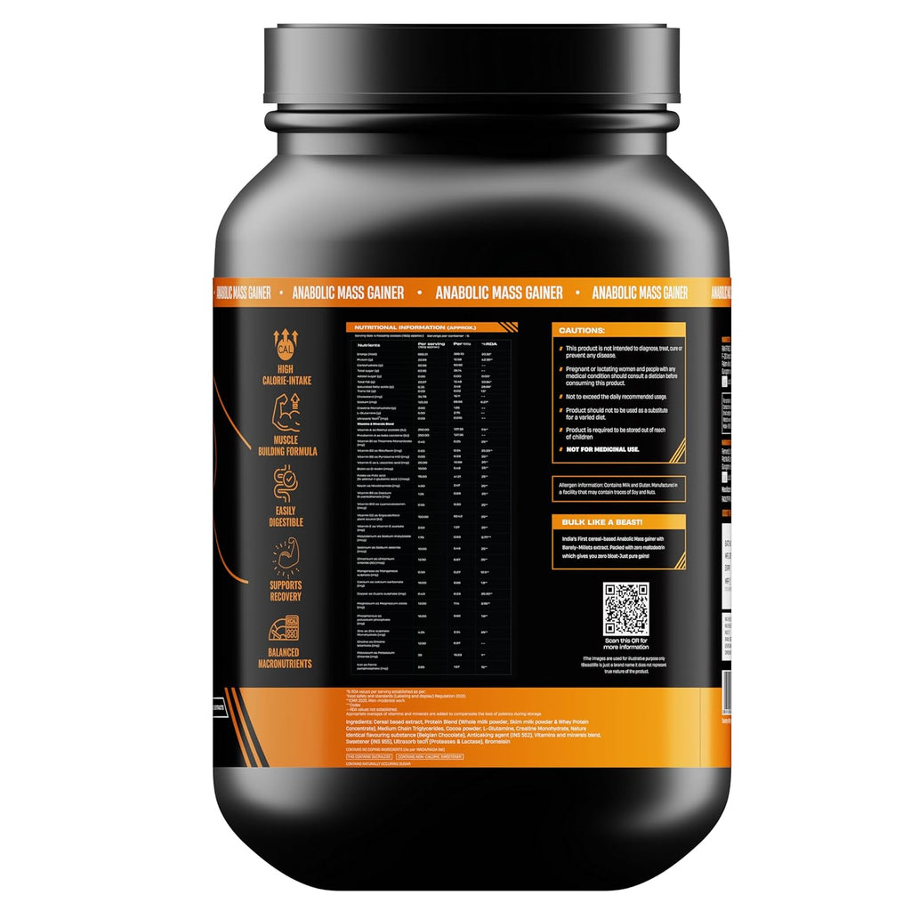 BeastLife High Protein Mass/Weight Gainer | 1 KG | Belgian Chocolate | NABL LAB Tested | For Muscle Gain & Fast Growth | Cereal-Based Formula, No Maltodextrin | India's #1 Cereal Based Bulk Gainer