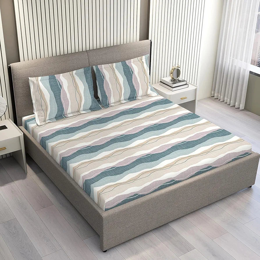 Layers Firenze Floret Cotton Bedsheet Set for All Seasons Lightweight 146 TC King Size Grey Waves