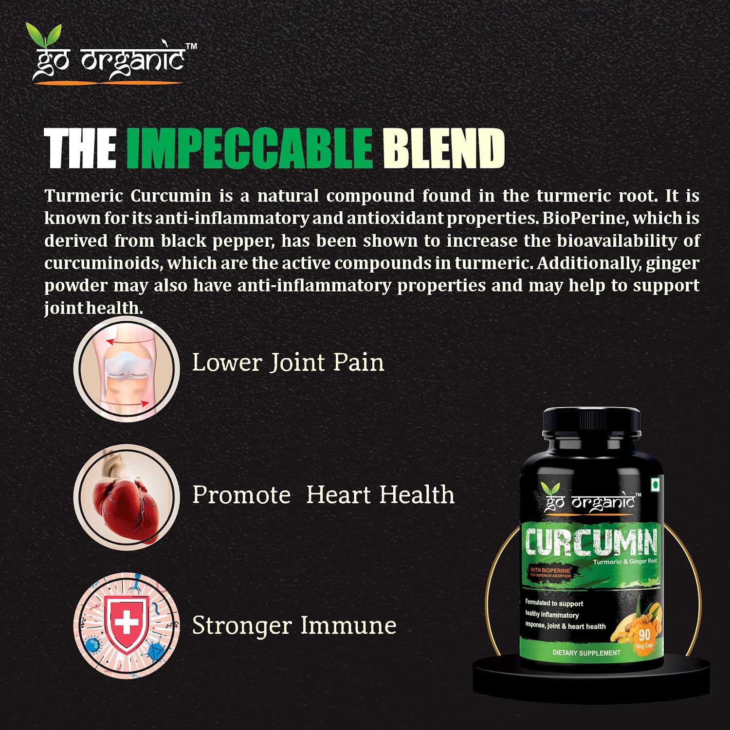Go Organic Turmeric Curcumin 90 Veg Caps | Plant-Based Joint Support Supplement with BioPerine & Ginger | Potent Antioxidants for Healthy Inflammation, Joint Comfort & Lasting Structural Resilience