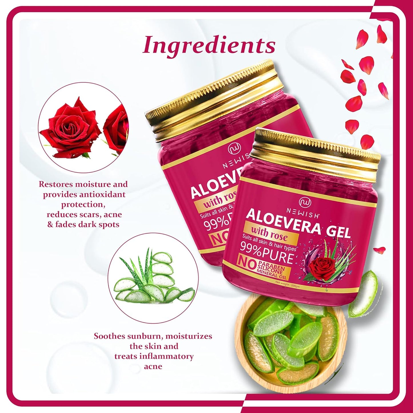 Newish Pure Aloe Vera Gel with Rose for Skin Hair - 200 gms (Pack of 2)