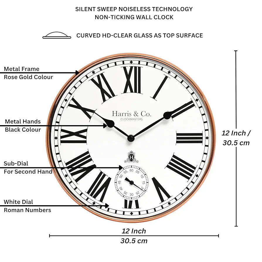 Harris & Co. Clockmasters Premium Metal Analog Wall Clock With Sub-second Dial