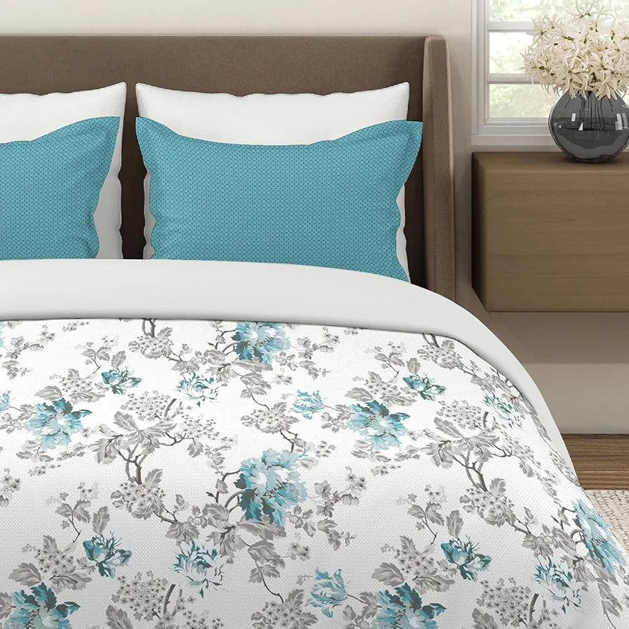 Layers Tivoli Cotton Bedsheet Set for All Seasons Lightweight 104 TC Queen Size Beige/Blue Color