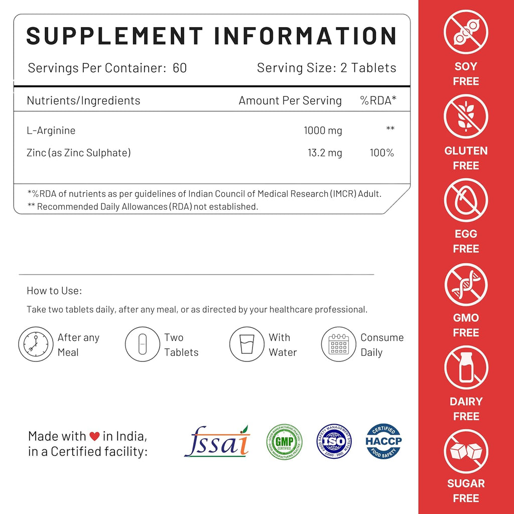 Nutrabud L-Arginine 1000 mg - 120 Tablets - Fuels Muscle Growth, Boosts Nitric Oxide Production (120 Count (Pack of 1), Unflavoured)