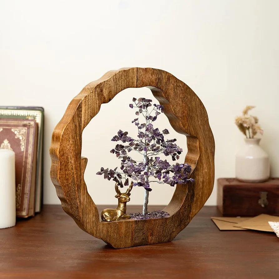 Ritualistic Amethyst Crystal Tree with Reindeer Handcrafted Feng Shui Gemstone Bonsai Tree