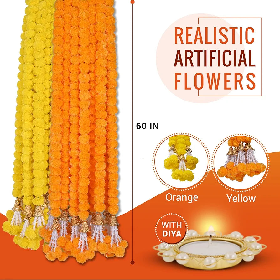 Marigold Artificial Flowers for Decoration Long Garland 5 Feet Long 5 Pcs Y+B