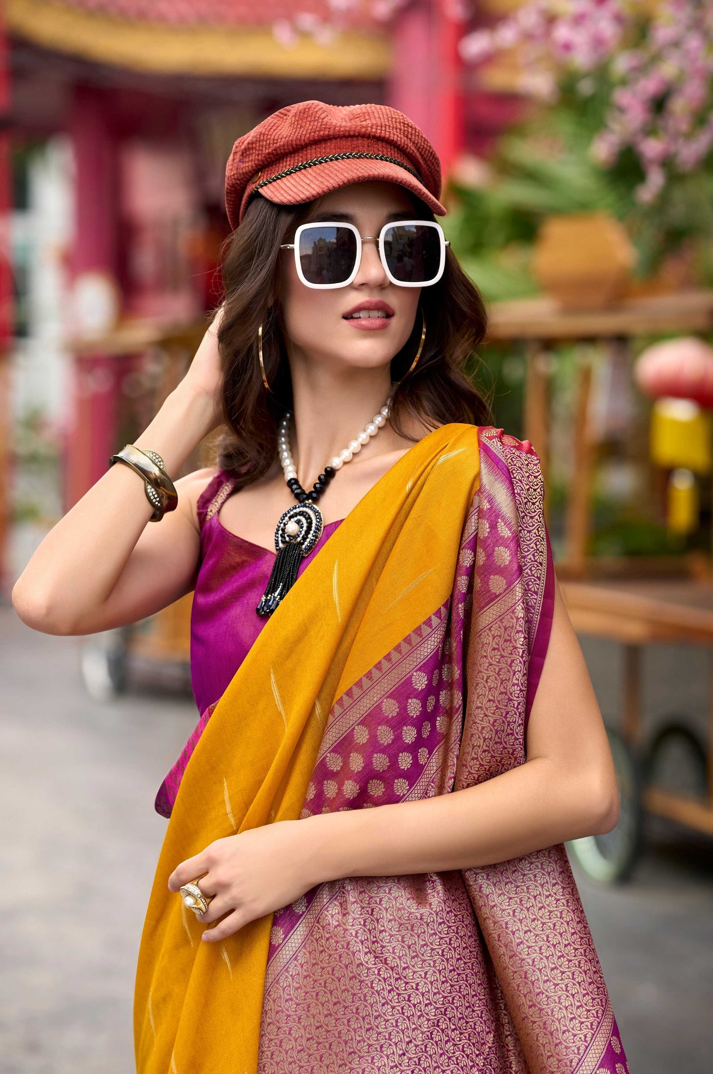 Anaita Mustard Designer Weaving Pure Silk Saree With Blouse