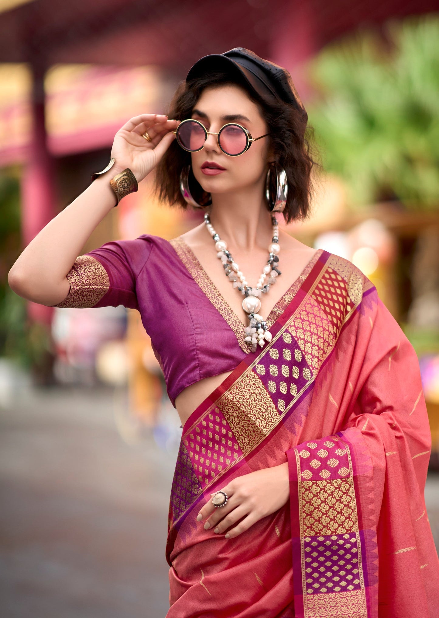 Anaita Peach Designer Weaving Pure Silk Saree With Blouse