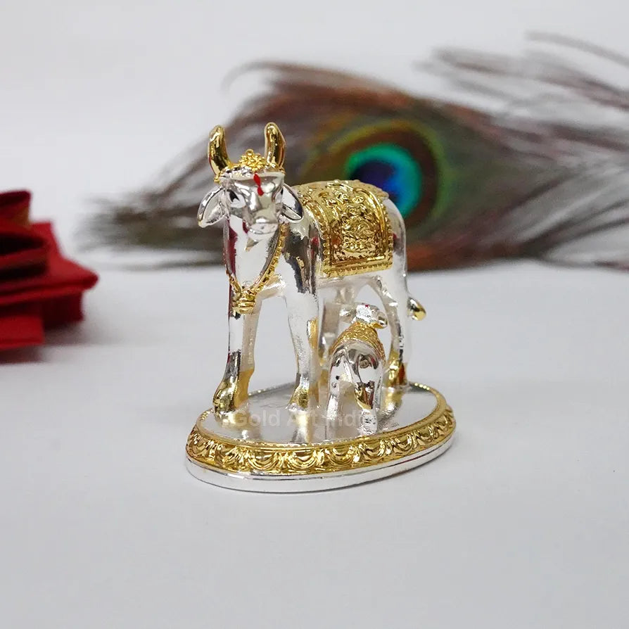 Gold Art India Kamdhenu Cow with Calf Idol Gold Silver Plated 3.3" Inch Silver
