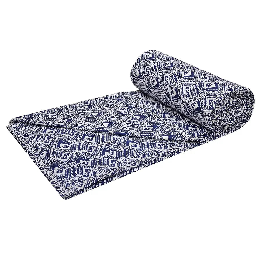 Trance Home Linen 150 GSM Pure Cotton Reversible Dohar Double Bed Size AC Blanket Comforter Soft Light-Weight Bed Blanket Colour Navy Blue Abstract