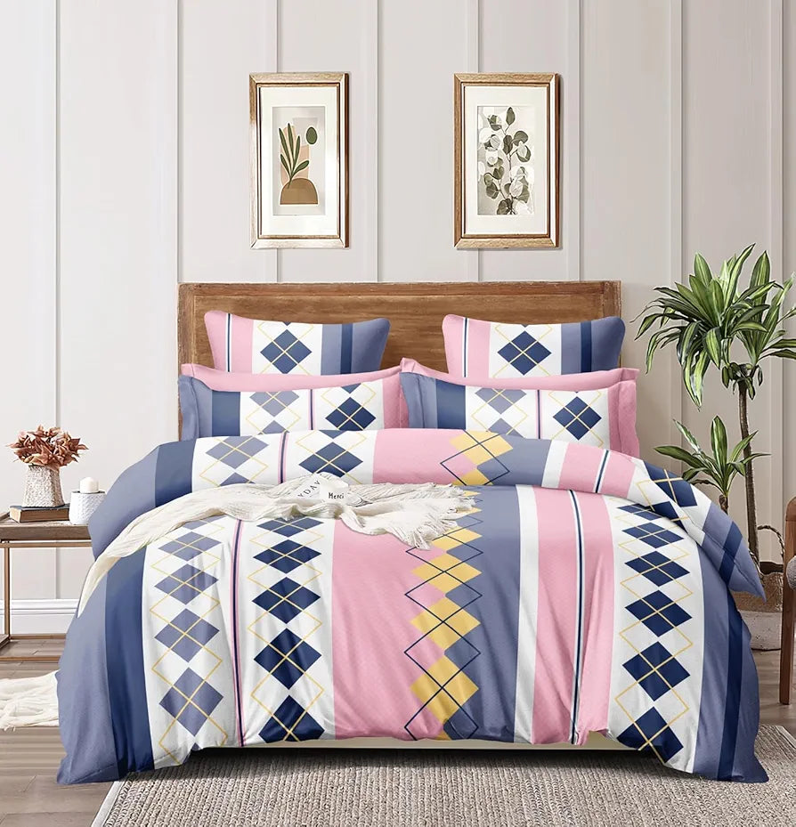 The Home Style Cotton Feel Glace Cotton Printed Double Bed Bedsheet With 2 Pillow Cover 300 TC Pink Check