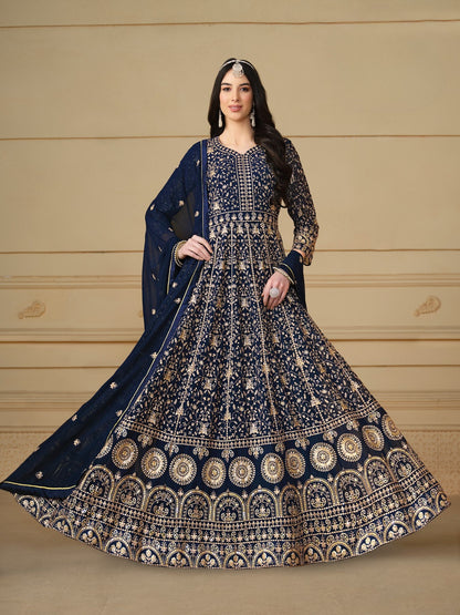 Anaita Navy Blue Embroidered Faux Georgette Anarkali Suit