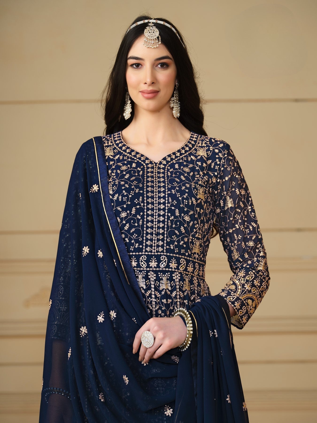 Anaita Navy Blue Embroidered Faux Georgette Anarkali Suit