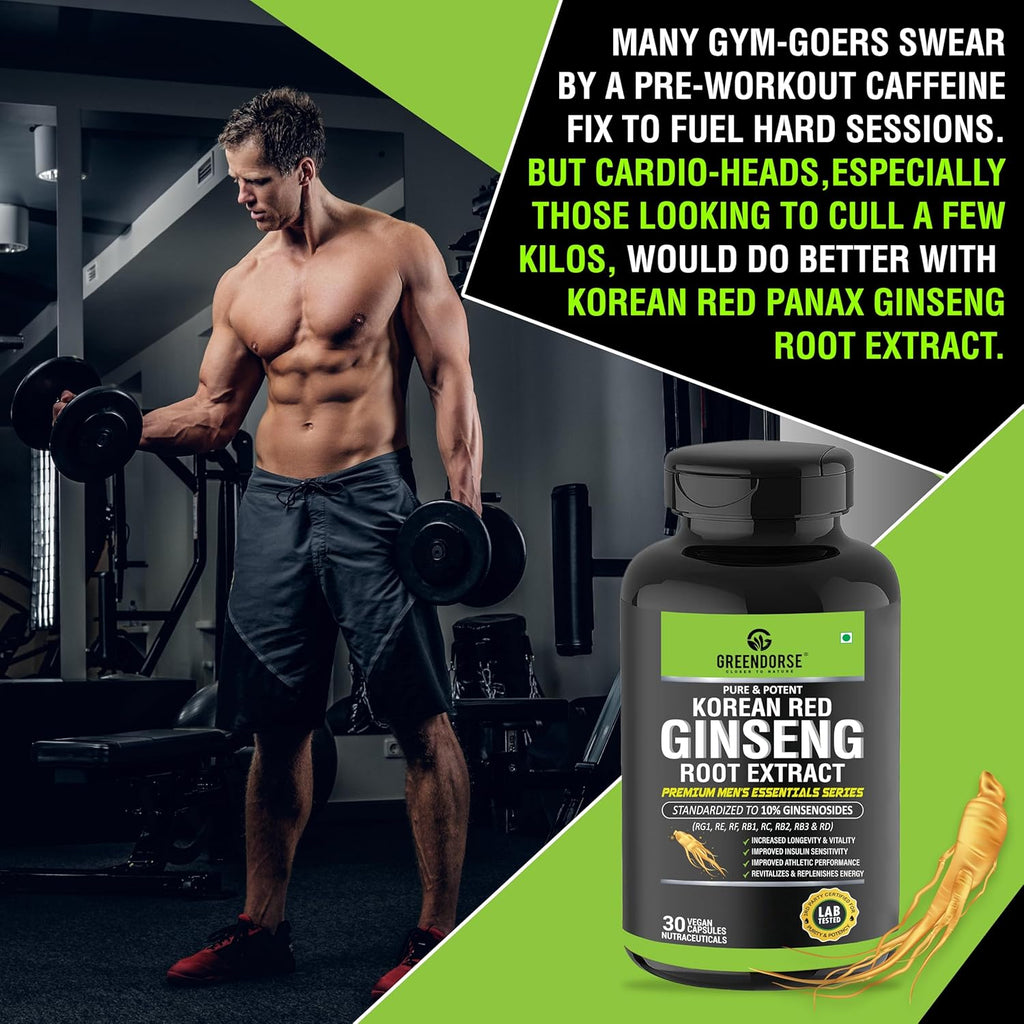 GREENDORSE Korean Red Panax Ginseng Root Extract | 10% Root Ginsenosides by HPLC | Extra Strength Ginsenosides for Energy, Focus, Performance, Vitality & Immune Support- 30 Veg Capsules