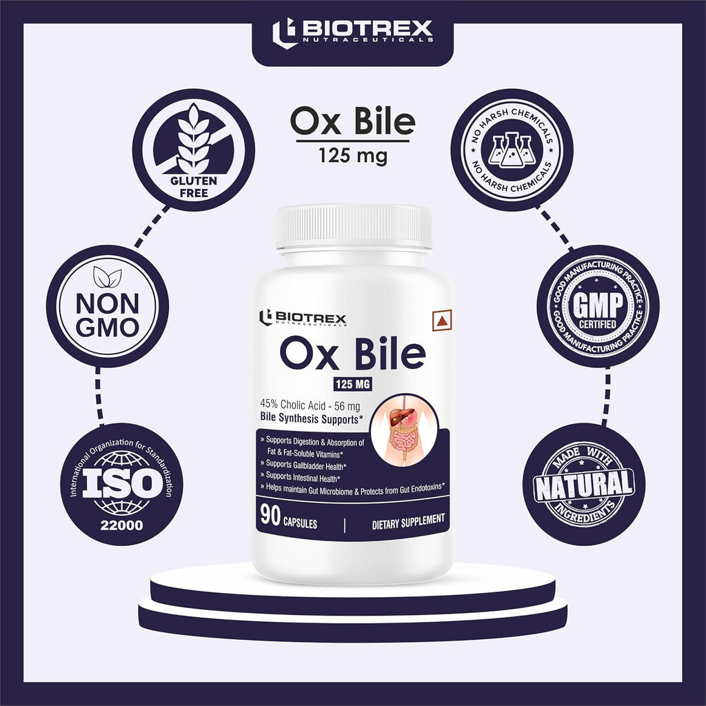 Biotrex Nutraceuticals OX BILE EXTRACT 125mg, 45% CHOLIC ACID, Supports Gallbladder Health & Supports Healthy Digestion, Bile Synthesis Support, (Gluten Free & Non-GMO) - 90 Capsules