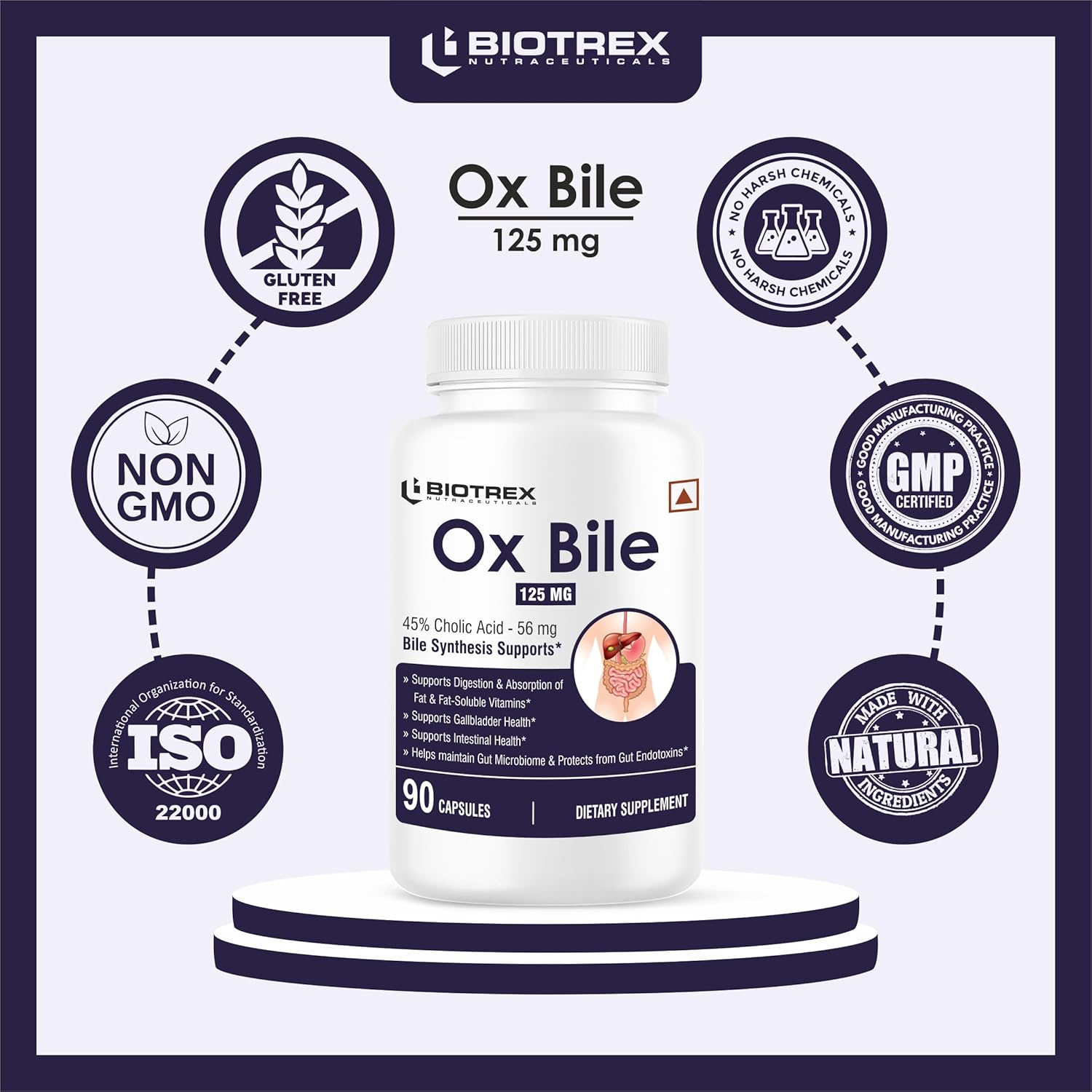 Biotrex Nutraceuticals OX BILE EXTRACT 125mg, 45% CHOLIC ACID, Supports Gallbladder Health & Supports Healthy Digestion, Bile Synthesis Support, (Gluten Free & Non-GMO) - 90 Capsules