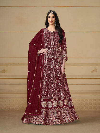 Anaita Maroon Embroidered Faux Georgette Anarkali Suit