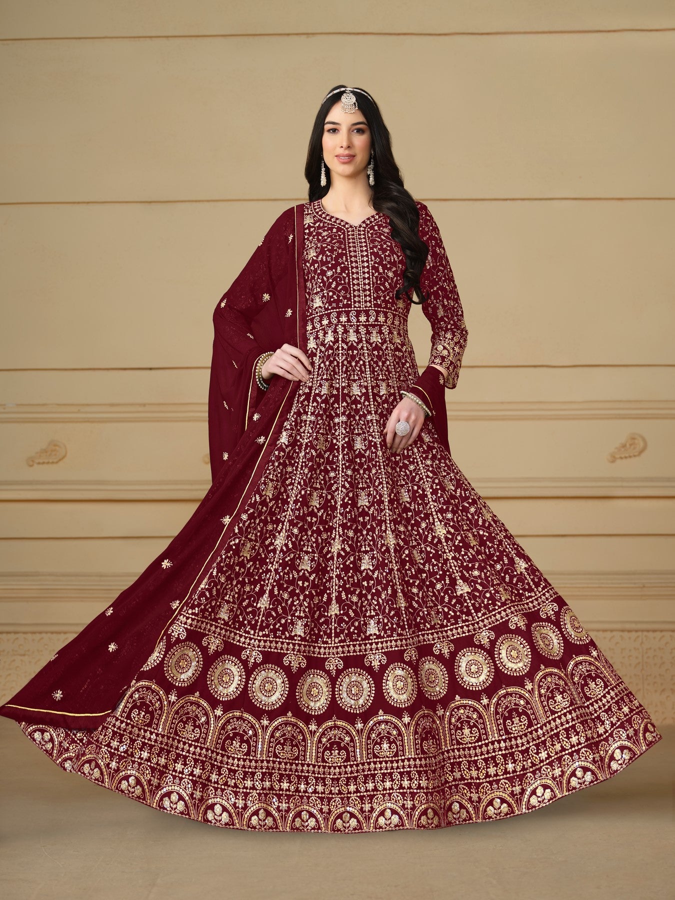 Anaita Maroon Embroidered Faux Georgette Anarkali Suit