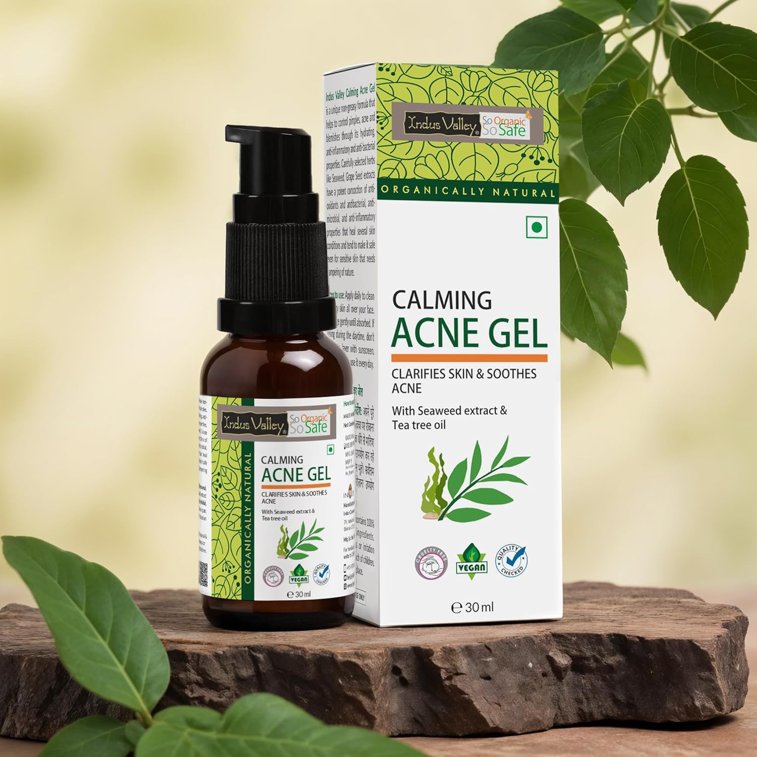 Indus Valley Calming Acne Gel with Seaweed Extract & Tea Tree Oil for Pimples, Soothes, Clarifies, and Refreshes Skin Naturally – 30ml
