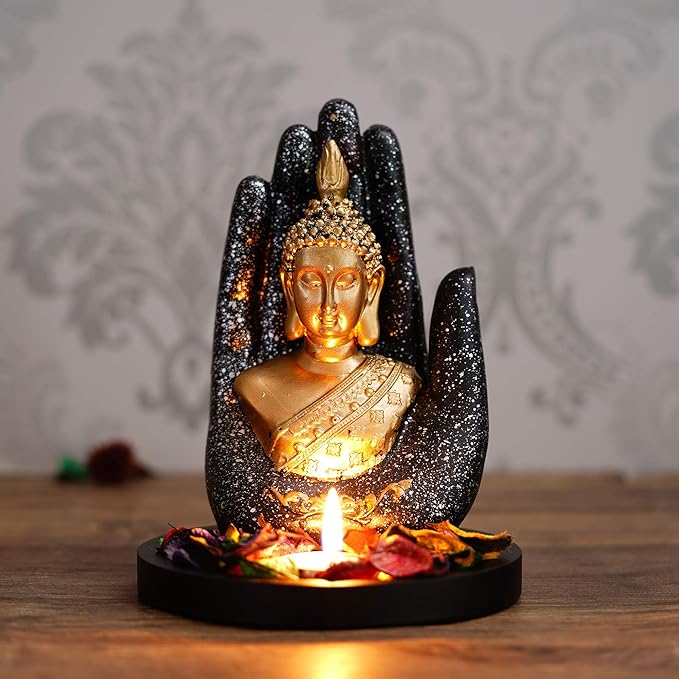 Ecraftindia Black Golden Resin Palm Buddha Statue Tea Light Holder | Lord Buddha Statue for Living Room