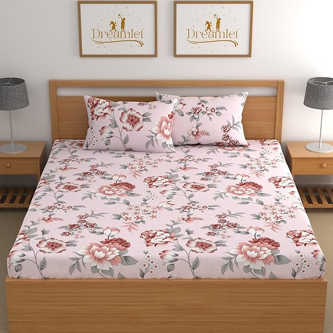 Dreamlet 180tc Cotton Feel All Around Elastic Fitted Bedsheets for Double Bed With 2 Pillow Covers | Pink