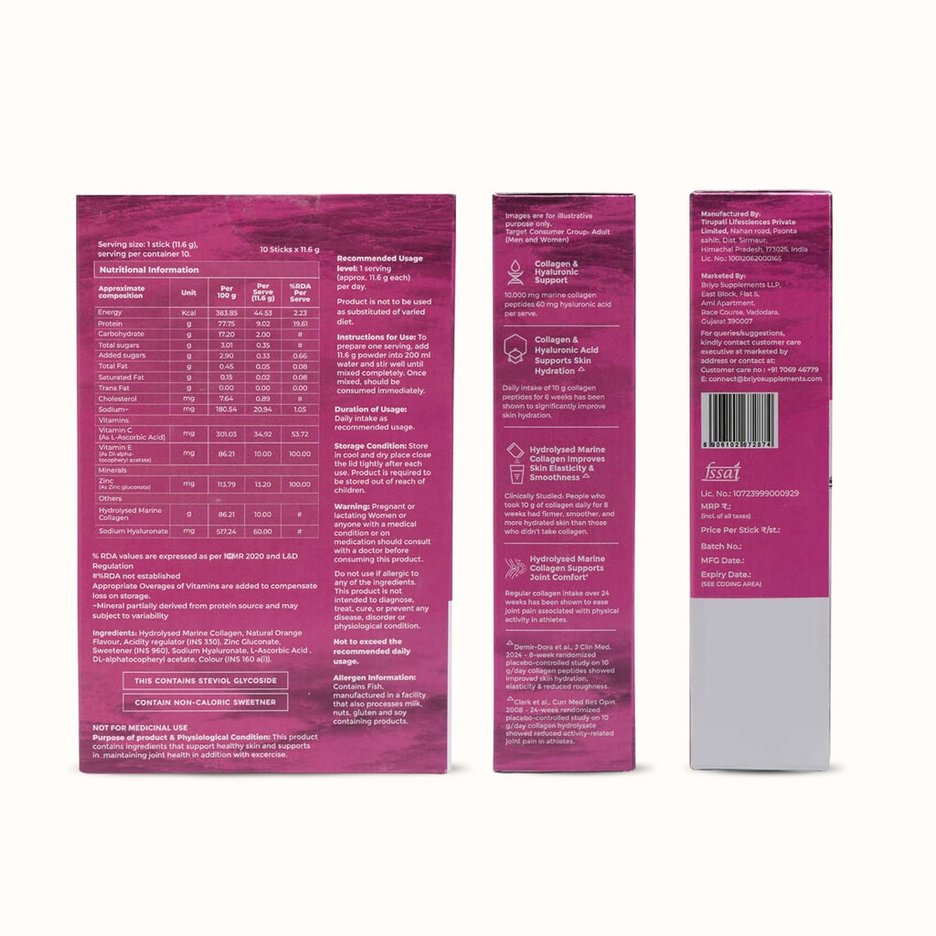 Briyo Forme Collagen + Hyaluronic Acid | 1 Sachet 10g Hydrolyzed Marine Collagen with 60mg Hyaluronic Acid | Orange Flavored Daily Drink Mix for Skin Hydration, Joint Support, Anti-Aging & Bone Strength | No Sugar