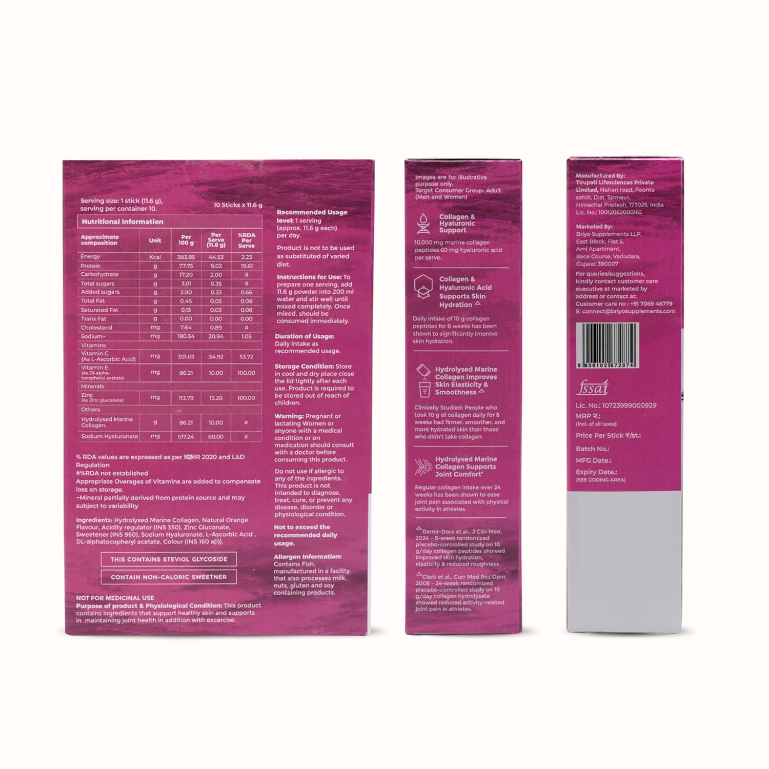 Briyo Forme Collagen + Hyaluronic Acid | 10g Hydrolyzed Marine Collagen with 60mg Hyaluronic Acid | Orange Flavored Daily Drink Mix for Skin Hydration, Joint Support, Anti-Aging & Bone Strength