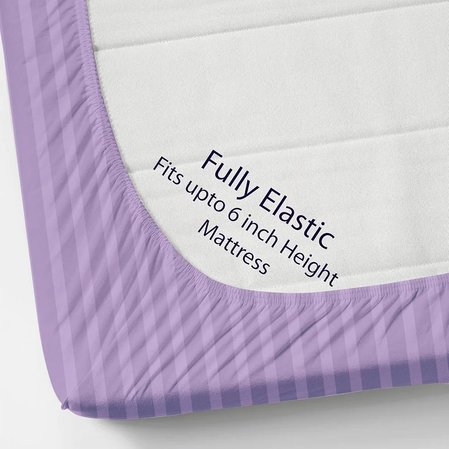 Homefab India 160 TC Stripe Cotton Feel Glace Cotton Elastic Fitted King Size Double Bed Bedsheet with 2 Pillow Covers Fits Upto 6 inches Mattress Purple