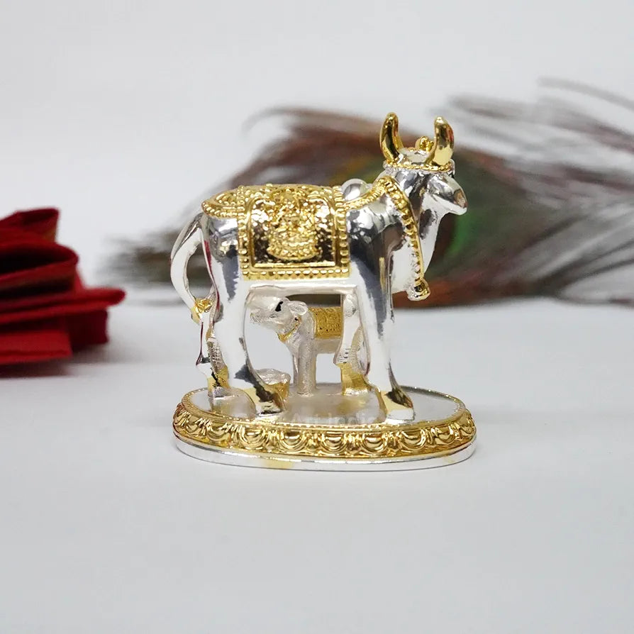 Gold Art India Kamdhenu Cow with Calf Idol Gold Silver Plated 3.3" Inch Silver