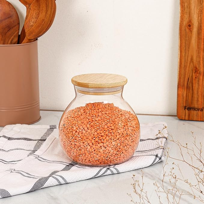 Femora Kitchen Storage Jars Borosilicate Glass With Wooden Lid Air Tight Jar | 1000 Ml | Pack of 2