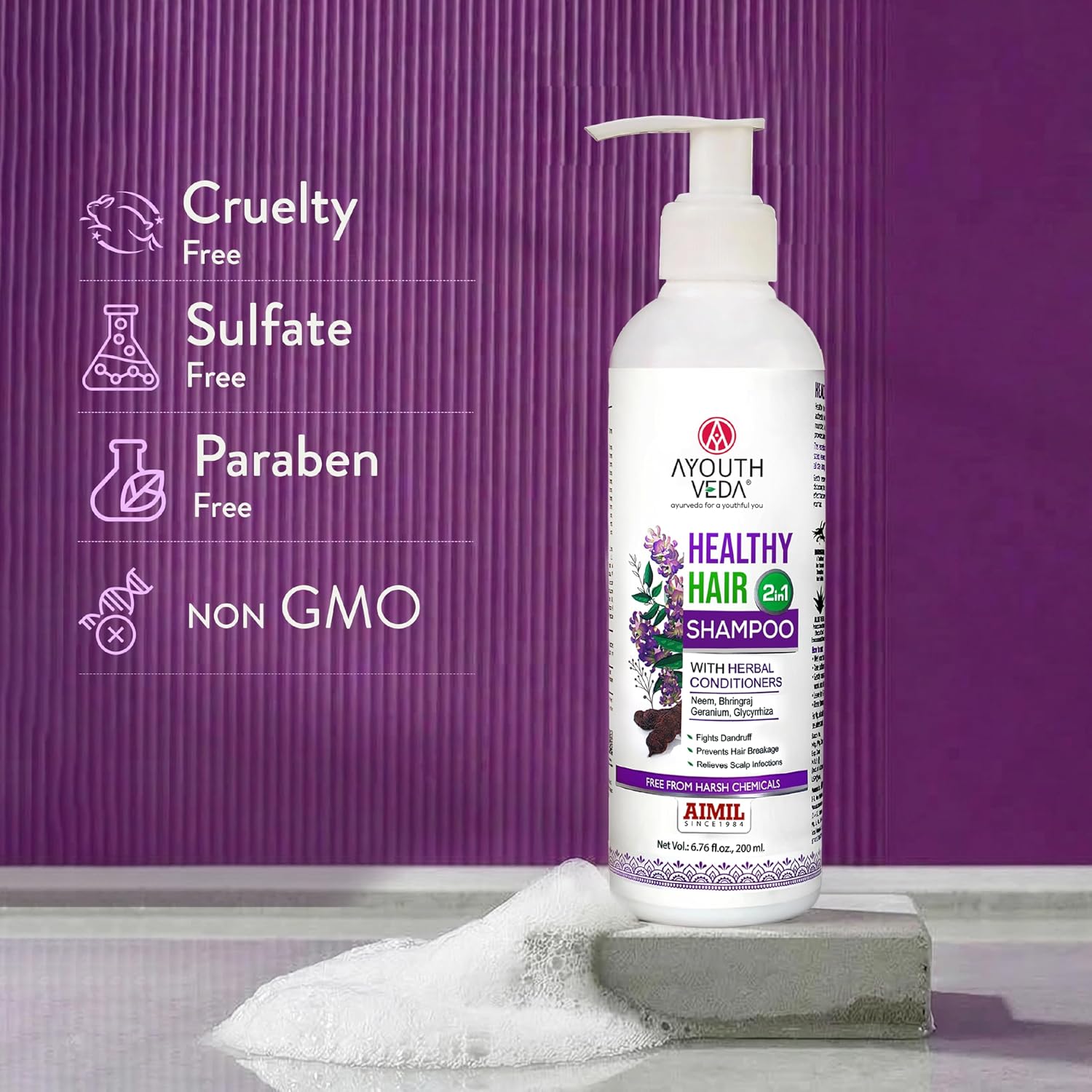 Ayouthveda Healthy Hair Shampoo with Bhringraj & Shikakai | 2-in-1 Shampoo & Conditioner | Ayurvedic Care with Neem & Lemon | Cleanses Scalp & Nourishes Hair | For All Hair Types | 200 ml (Pack of 1)