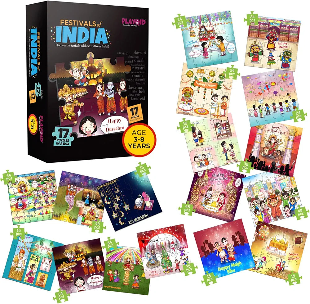 Playqid Festivals of India Puzzle for Toddlers and Children Step-by-Step Jigsaw 17 Growing Puzzles with Flashcards Educational Montessori Gifts for Kids