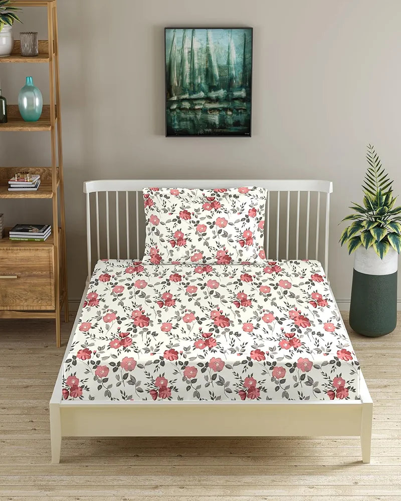 Trance Home Linen 180Tc 100% Cotton 78"X36" Single Size Elastic Fitted Bedsheet Printed With 1 Pillow Cover Colour Blooms Coral