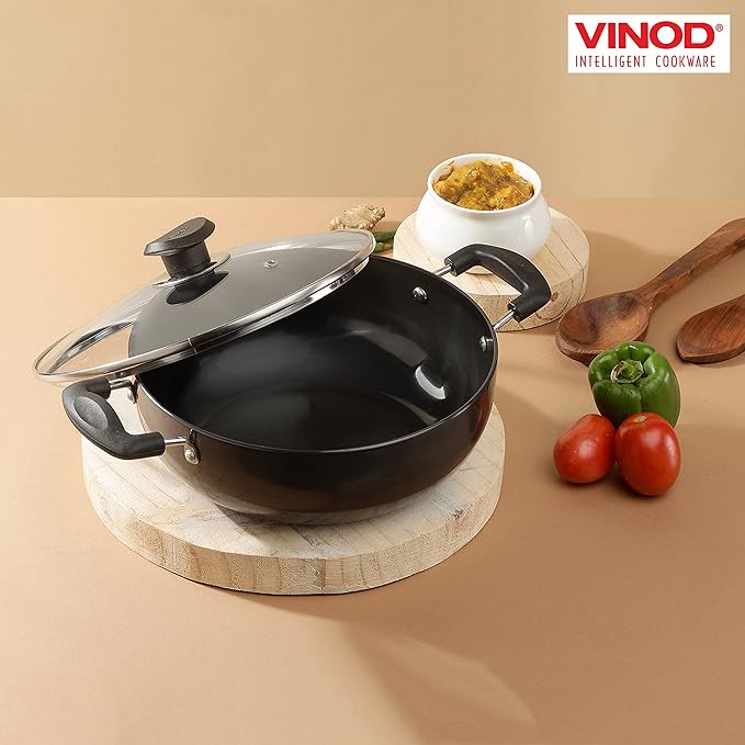 Vinod Black Pearl Hard Anodised Deep Kadai With Glass Lid 2.1 Litres Capacity | 20 Cm Diameter | With Riveted Sturdy Handles | 3.25 Mm Thickness | Black