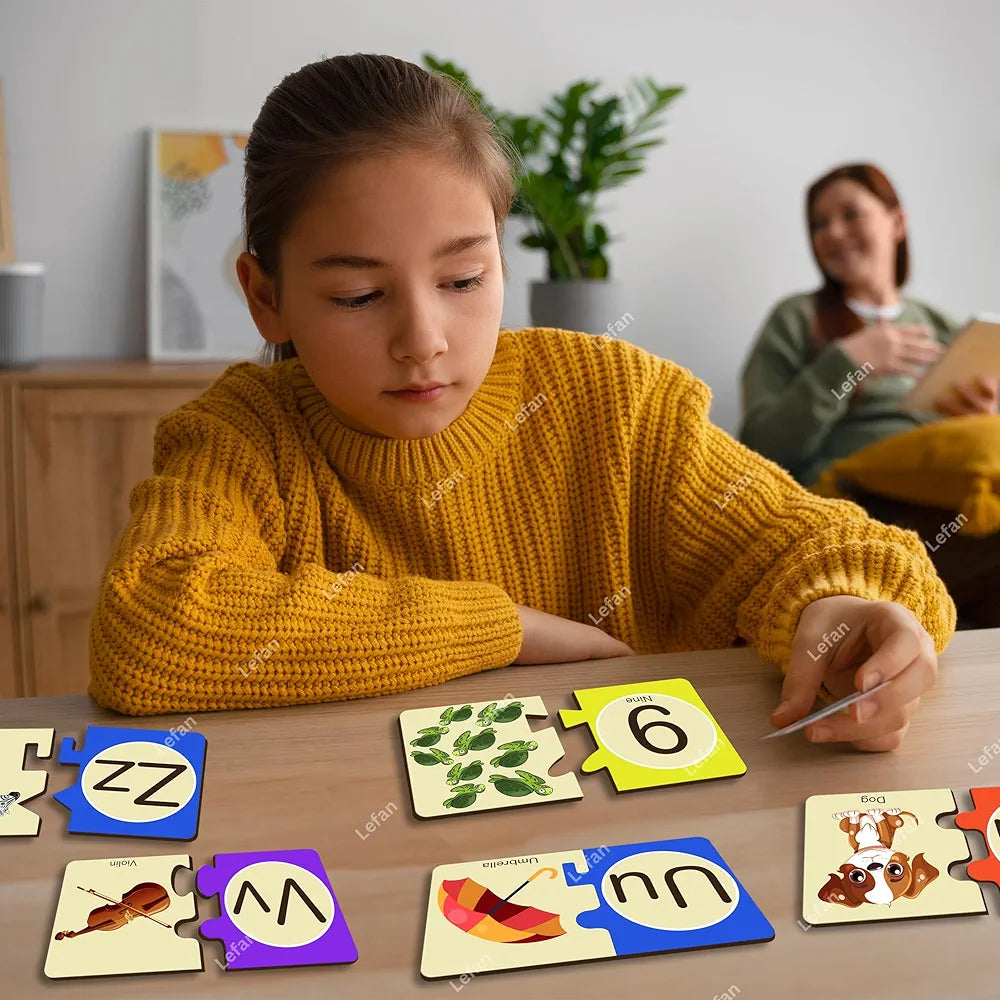 Lefan Alphabet and Number Block Joint Puzzle Wooden Jigsaw Puzzle Toy for Toddlers – Learn A-Z & 1-10 Matching Blocks – Educational Montessori Learning Toy for Kids Age 2 3 4 5 6 Years