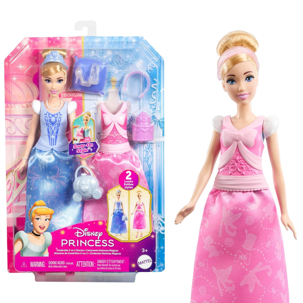 Mattel Disney Princess 2-in-1 Stories Cinderella Fashion Doll with 2 Snap-On Bodices 2 Skirts