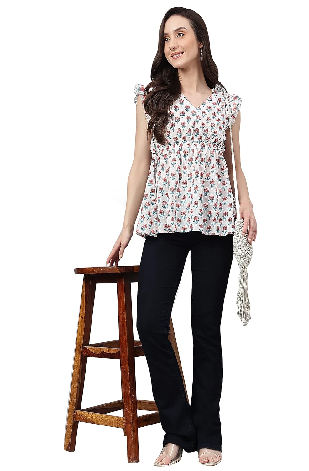 Janasya Women's White Cotton Floral Print Flared Top