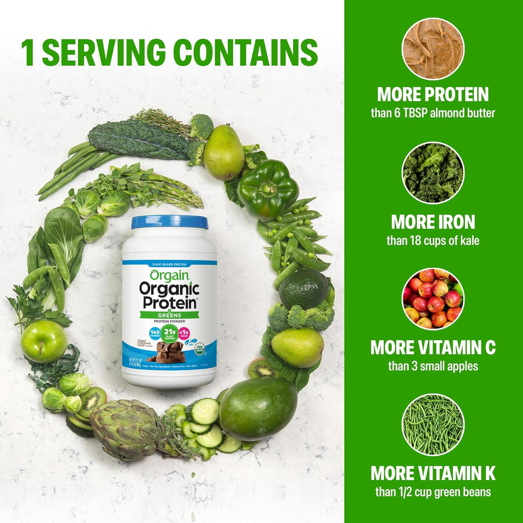 Orgain Organic Vegan Protein Powder + Greens, Creamy Chocolate Fudge - 21g Plant Based Protein, Gluten Free, Dairy & Lactose Free, Soy Free, No Sugar Added, Iron & Prebiotics for Gut Health - 1.94lb