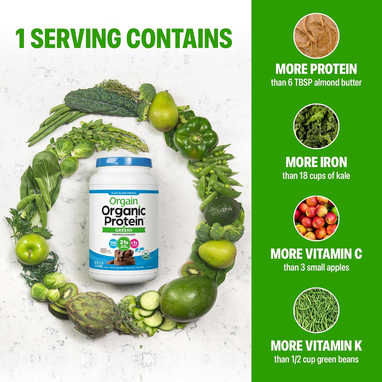 Orgain Organic Vegan Protein Powder + Greens, Creamy Chocolate Fudge - 21g Plant Based Protein, Gluten Free, Dairy & Lactose Free, Soy Free, No Sugar Added, Iron & Prebiotics for Gut Health - 1.94lb