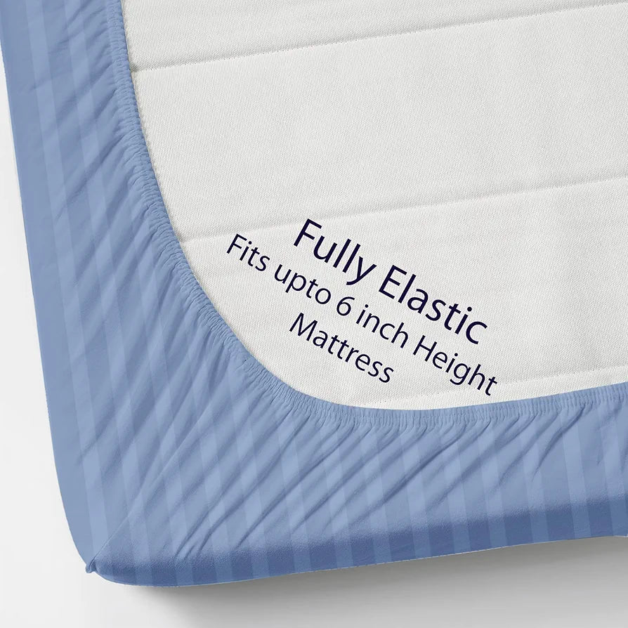 Homefab India 160 TC Stripe Cotton Feel Glace Cotton Elastic Fitted King Size Double Bed Bedsheet with 2 Pillow Covers Fits Upto 6 inches Mattress Sky Blue