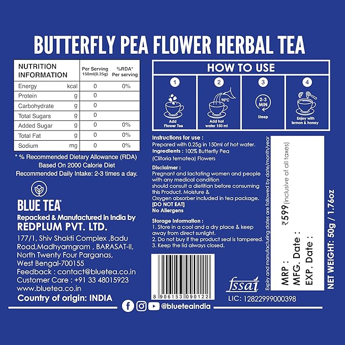 Blue Tea Butterfly Pea Flower Tea - 50 gms - 140+ Cups
