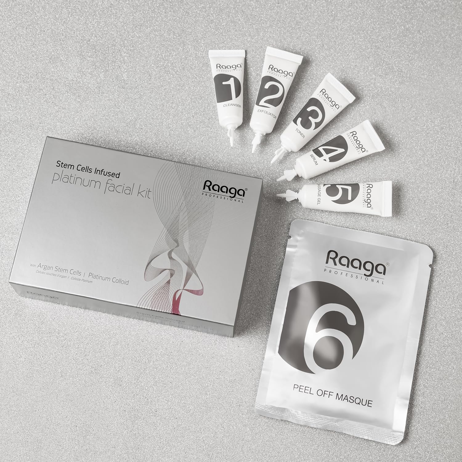 Raaga Professional Stem Cells Infused Platinum 6 Step Facial Kit | Platinum Colloid, Argan Stem Cells | Restores Skin's Moisture | All Skin Types (61 gm)
