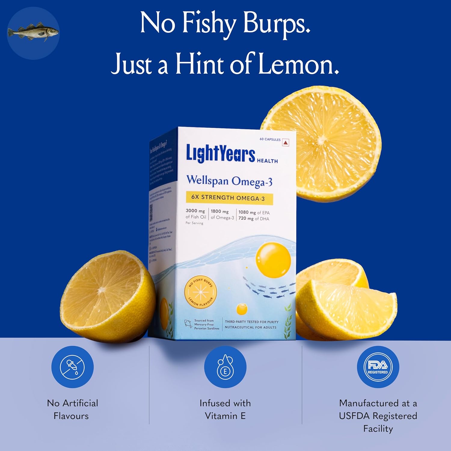 LightYears Wellspan Omega 3 Fish Oil Capsules | 6X Strength | 3000 mg Fish Oil with 1800 mg EPA DHA for Men & Women | Mercury-Free | Lemon Flavoured for No Fishy Burps | 3rd Party Tested | 60 Capsules