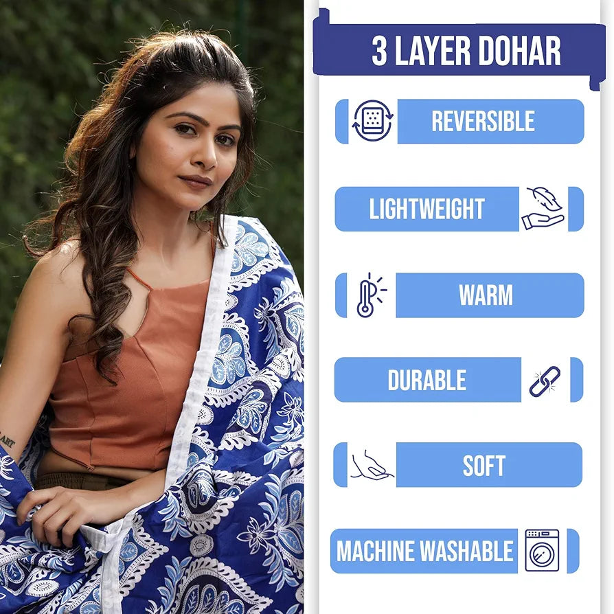Divine Casa Floret 100% Cotton Double Dohar 120 GSM Soft & Lightweight Throw Blanket Colour Dazzling Blue
