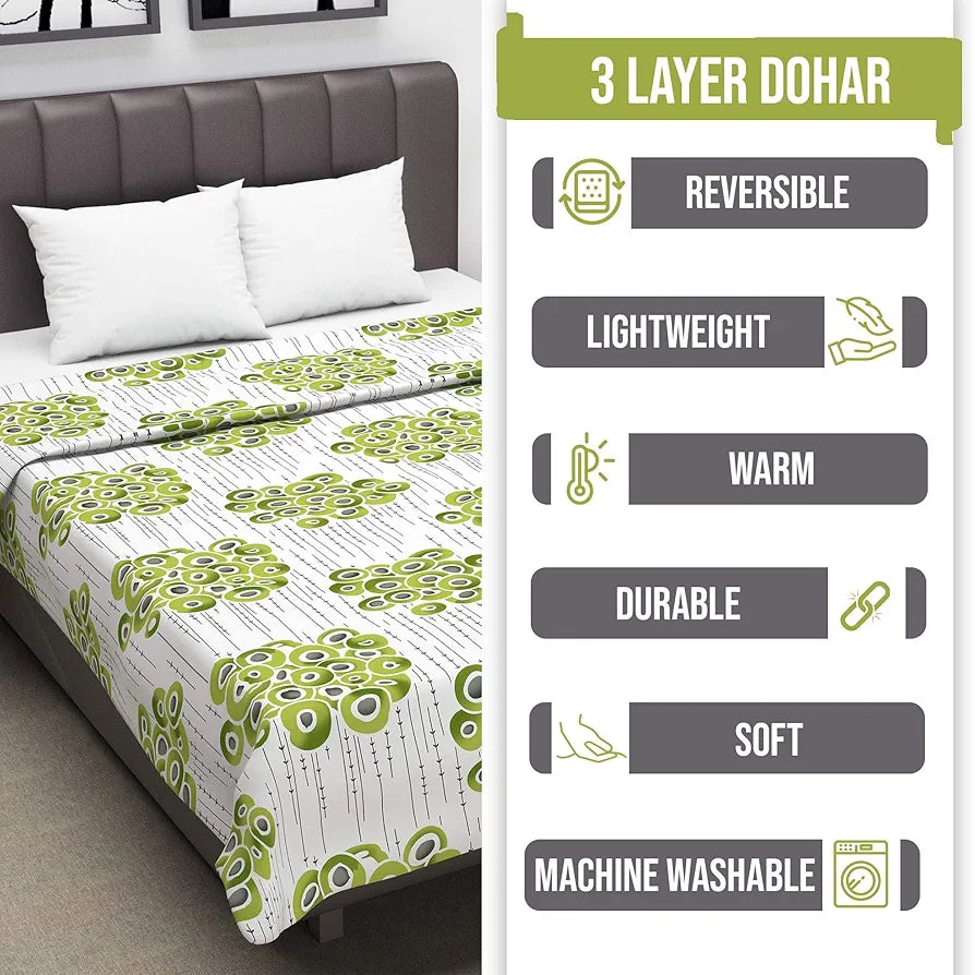 Divine Casa 120 GSM Super Soft Microfiber Cotton 3 Layer Breathable Double Bed Throw Blanket Colour Green and Grey