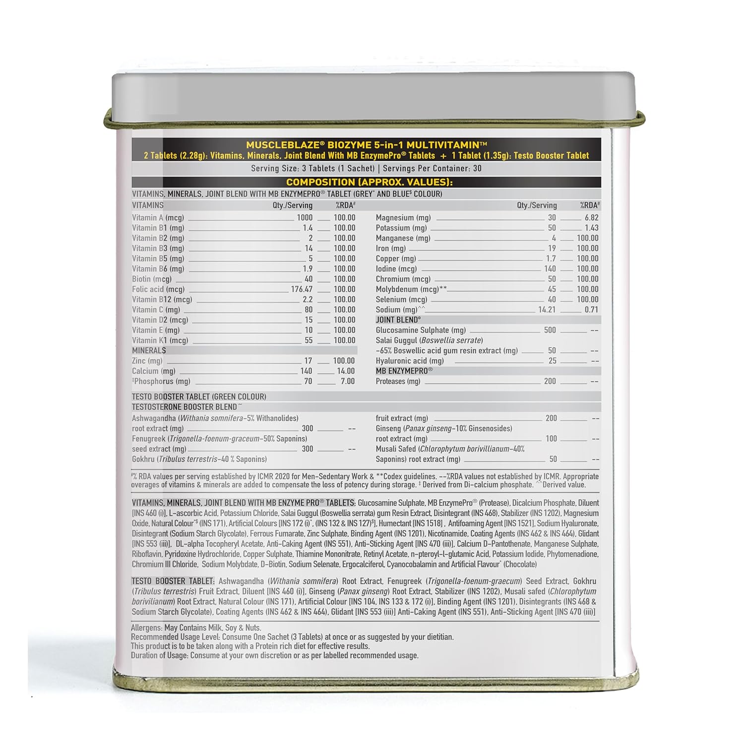 MuscleBlaze Biozyme Daily Multivitamin|5-In-1 Supplement With Vitamins,Minerals,Joint,T-Booster Blend|With Us Patent Published Eafa|For Higher Energy & Improved Performance,1 Count,90 Capsules