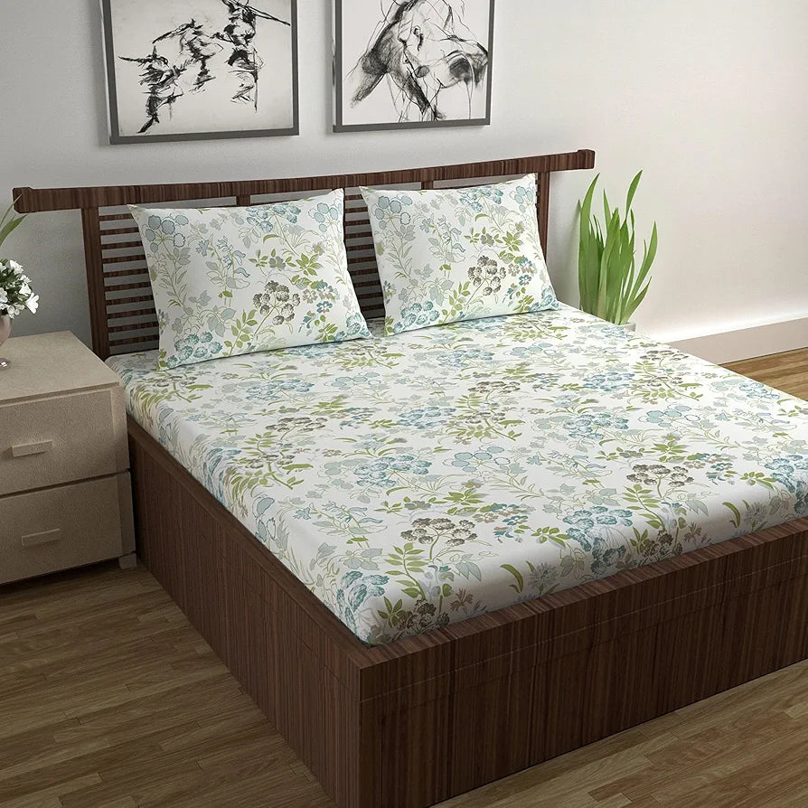 Divine Casa Double Size Bedsheet for Double Bed, 144 TC Pure Cotton Queen Size with 2 Pillow Covers Floral Colour Mint Blue