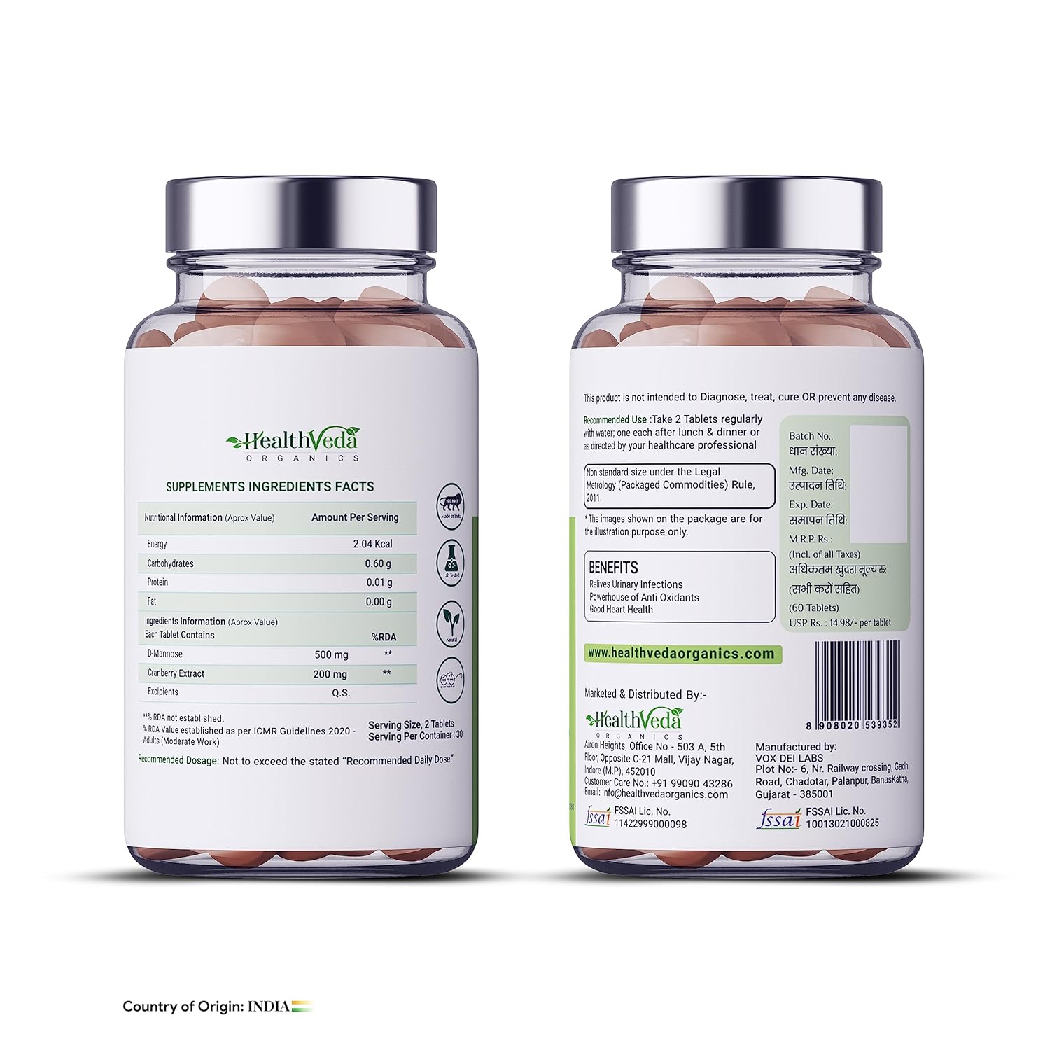 HEALTH VEDA ORGANICS PRIVATE LIMITED D-Mannose 500 mg + Cranberry Extract 200 mg | 60 Veg Tablets I Supports Kidney Health & Urinary Tract Infection
