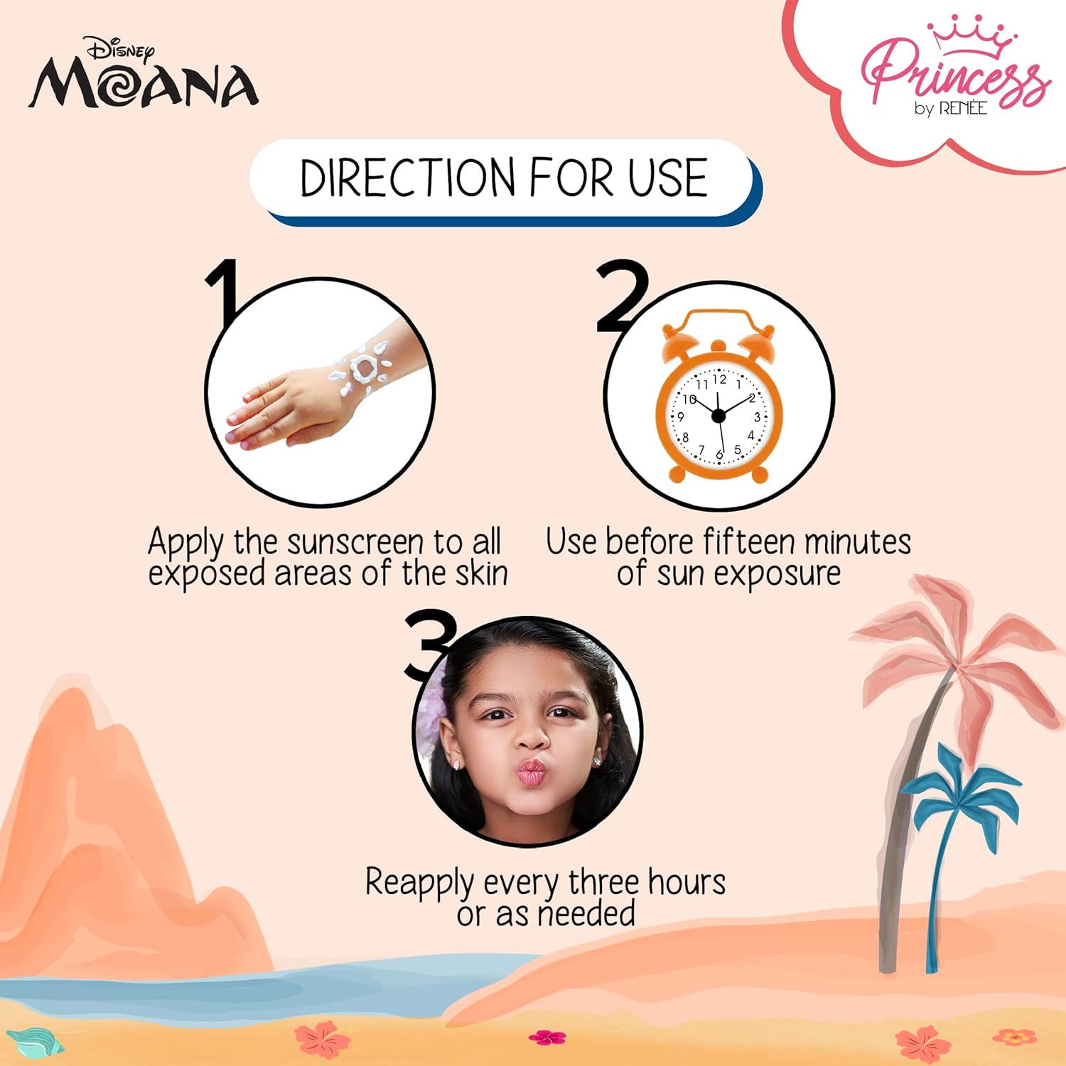 Princess by RENEE Disney Moana Sunscreen with SPF 50, Protects & Nourishes, Zero White Cast, Lightweight & Non-Greasy, Quick-absorbing Formula, Vitamin E, Cocoa Butter, Provitamin B5 Infused, 50 Ml